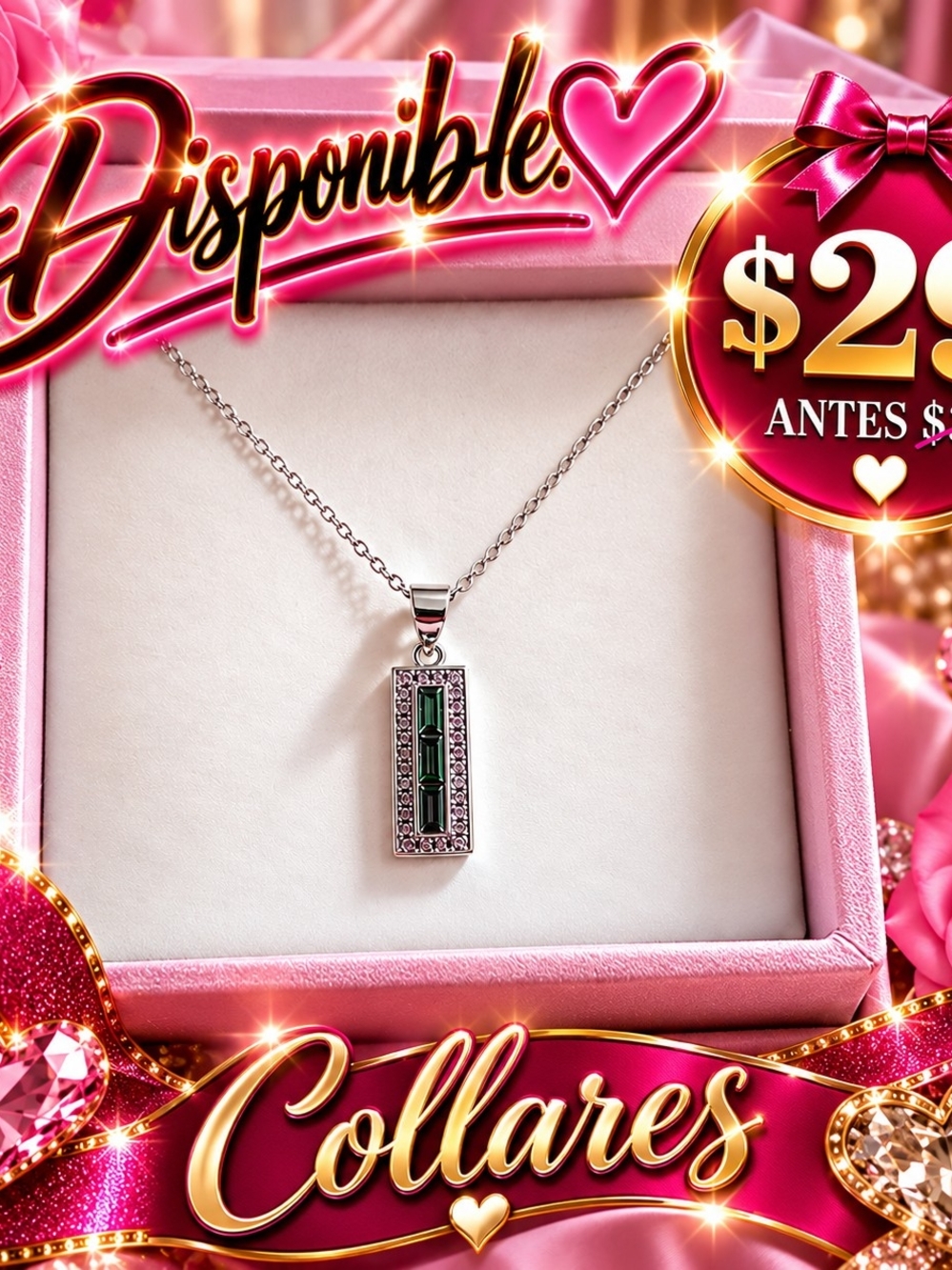 Silver Necklace with Green Rectangular Gem Accent - Elegant Women’s Pendant